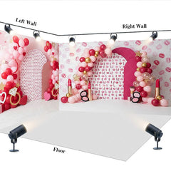 Aperturee - Aperturee Lipstick Kiss Marks Room Set Backdrop Red Pink Balloons and Diamond Ring Spa Party Background