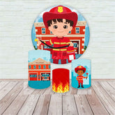 Aperturee Aperturee Little Firefighter Birthday Round Backdrop Kit Fireman at the Fire Station Boys Future Hero Party Photo Prop