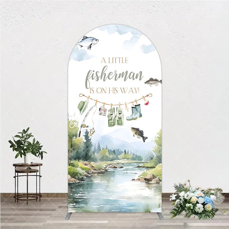Aperturee - Aperturee Little Fisherman Is On His Way Watercolor Round Top Arch Backdrop Baby Shower Rustic River Fishing Theme Decor