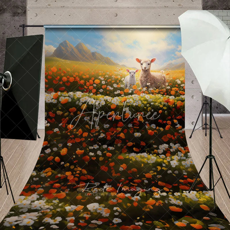 Aperturee - Aperturee Little Lambs in Poppy Field Backdrop Spring Mountain Landscape and Wildflowers Scene Nature Photography Background