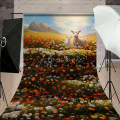 Aperturee - Aperturee Little Lambs in Poppy Field Backdrop Spring Mountain Landscape and Wildflowers Scene Nature Photography Background