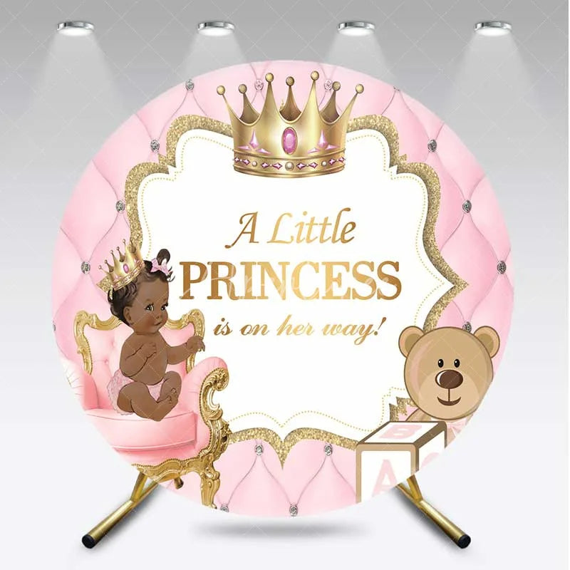 Aperturee - Aperturee Little Princess Round Backdrop Pink Tufted Wall with Royal Baby Girl and Teddy Bear Background