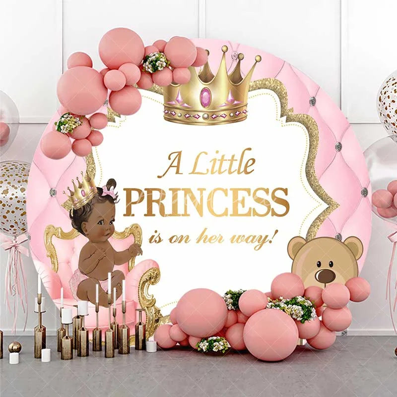 Aperturee - Aperturee Little Princess Round Backdrop Pink Tufted Wall with Royal Baby Girl and Teddy Bear Background