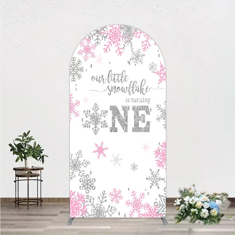 Aperturee - Aperturee Little Snowflake 1st Birthday Arch Backdrop Pink Silver Winter Girl