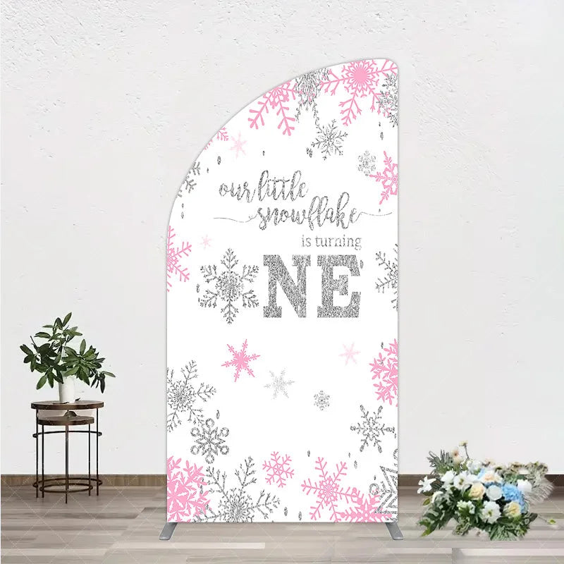 Aperturee - Aperturee Little Snowflake 1st Birthday Half Moon Arch Backdrop Pink Silver Winter Girl