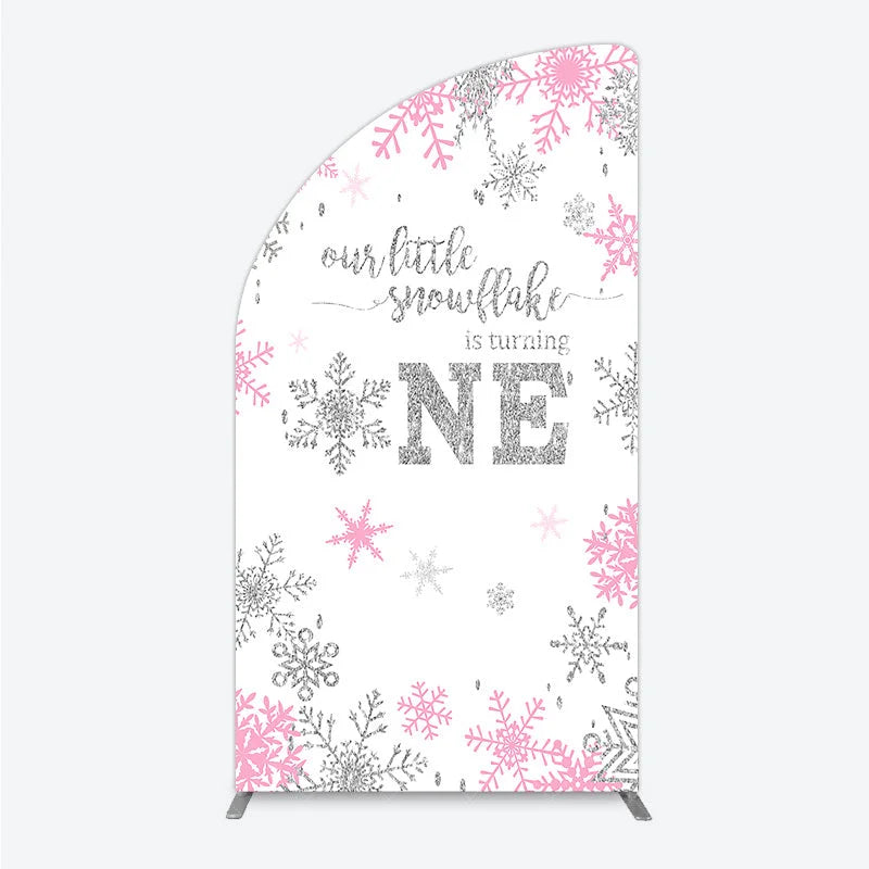 Aperturee - Aperturee Little Snowflake 1st Birthday Half Moon Arch Backdrop Pink Silver Winter Girl