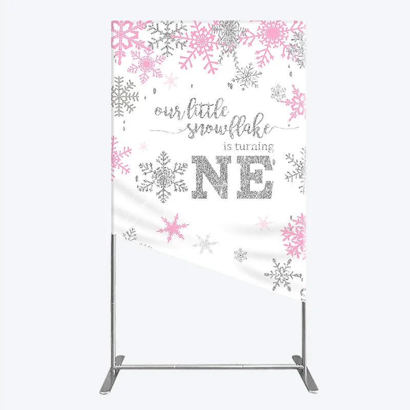 Aperturee - Aperturee Little Snowflake 1st Birthday Rectangle Backdrop Pink Silver Winter Girl