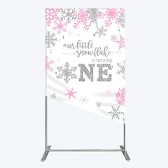 Aperturee - Aperturee Little Snowflake 1st Birthday Rectangle Backdrop Pink Silver Winter Girl