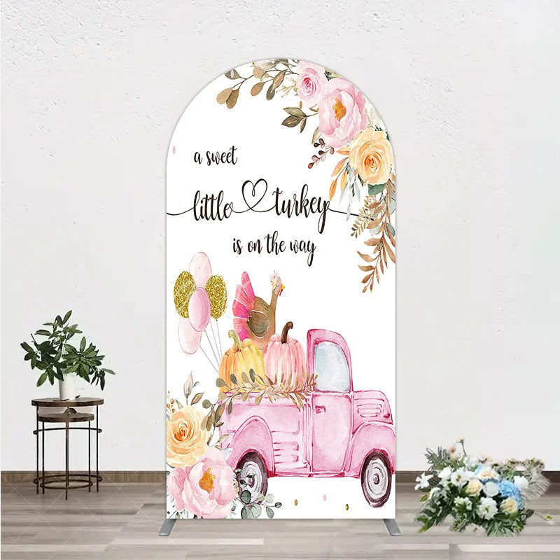 Aperturee - Aperturee Little Turkey Baby Shower Arch Backdrop Pink Truck Pumpkin Fall Party Decoration Thanksgiving Floral Background