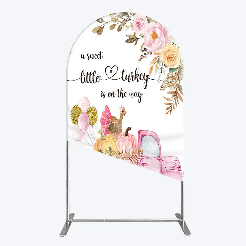 Aperturee - Aperturee Little Turkey Baby Shower Arch Backdrop Pink Truck Pumpkin Fall Party Decoration Thanksgiving Floral Background