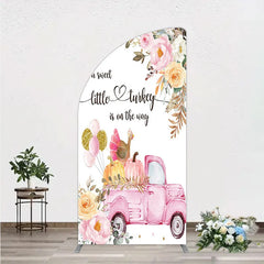 Aperturee - Aperturee Little Turkey Baby Shower Half Moon Arch Backdrop Pink Truck Pumpkin Fall Party Decoration Thanksgiving Floral