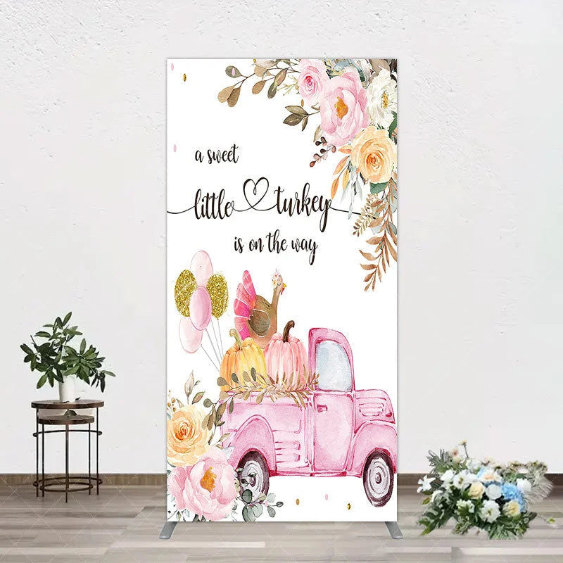 Aperturee - Aperturee Little Turkey Baby Shower Rectangle Backdrop Pink Truck Pumpkin Fall Party Decoration Thanksgiving Floral Background