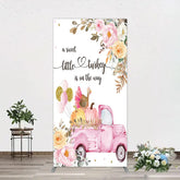 Aperturee - Aperturee Little Turkey Baby Shower Rectangle Backdrop Pink Truck Pumpkin Fall Party Decoration Thanksgiving Floral Background