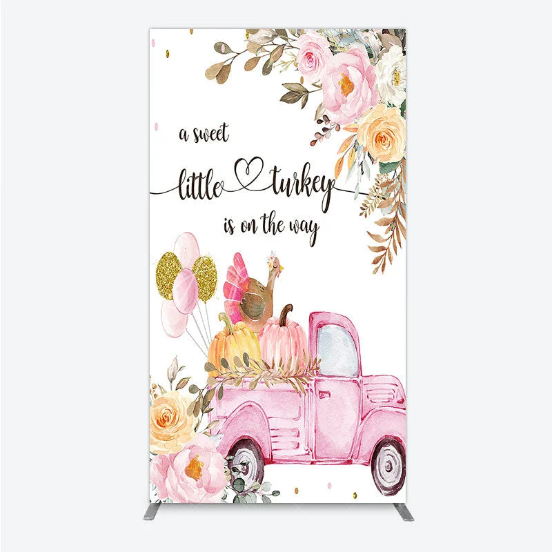 Aperturee - Aperturee Little Turkey Baby Shower Rectangle Backdrop Pink Truck Pumpkin Fall Party Decoration Thanksgiving Floral Background