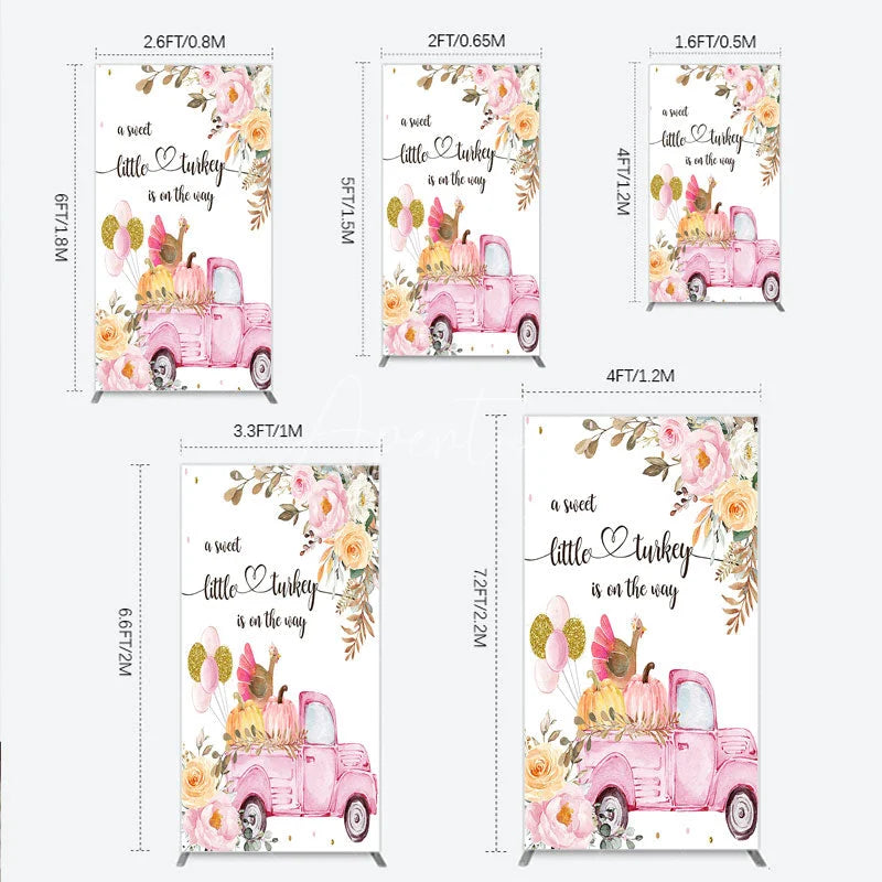 Aperturee - Aperturee Little Turkey Baby Shower Rectangle Backdrop Pink Truck Pumpkin Fall Party Decoration Thanksgiving Floral Background