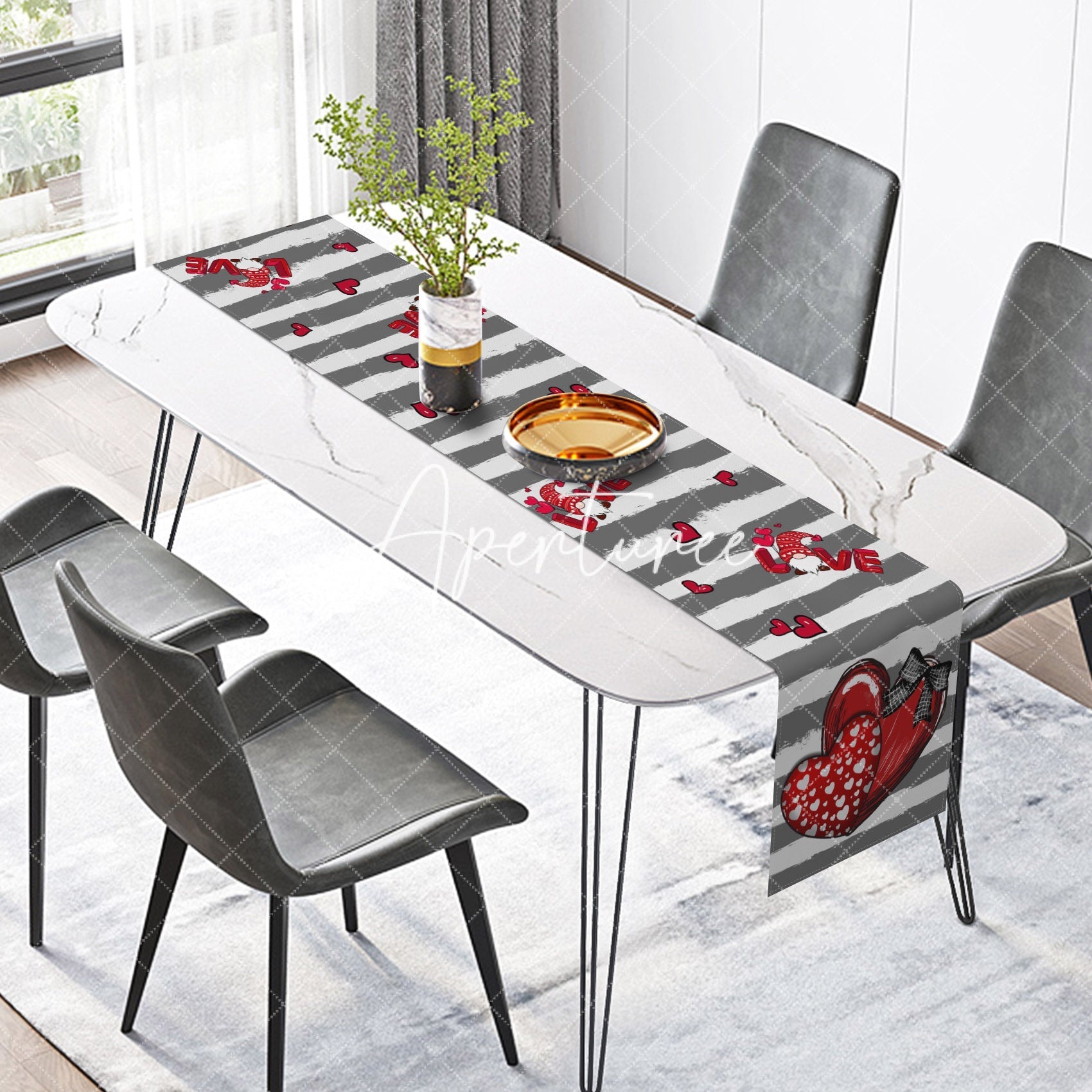Aperturee - Aperturee Love Grey Stripe Heart Valentines Day Table Runner