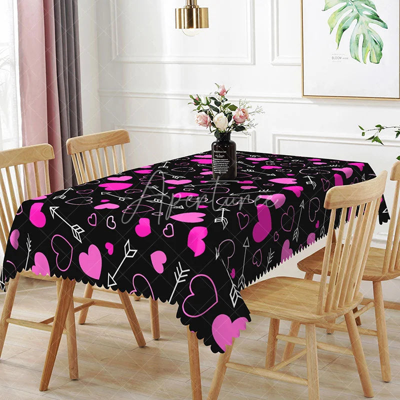 Aperturee - Aperturee Love Heart and Arrow Rectangle Tablecloth Black Background with Pink Hearts Cute Girls Valentine Party Decor