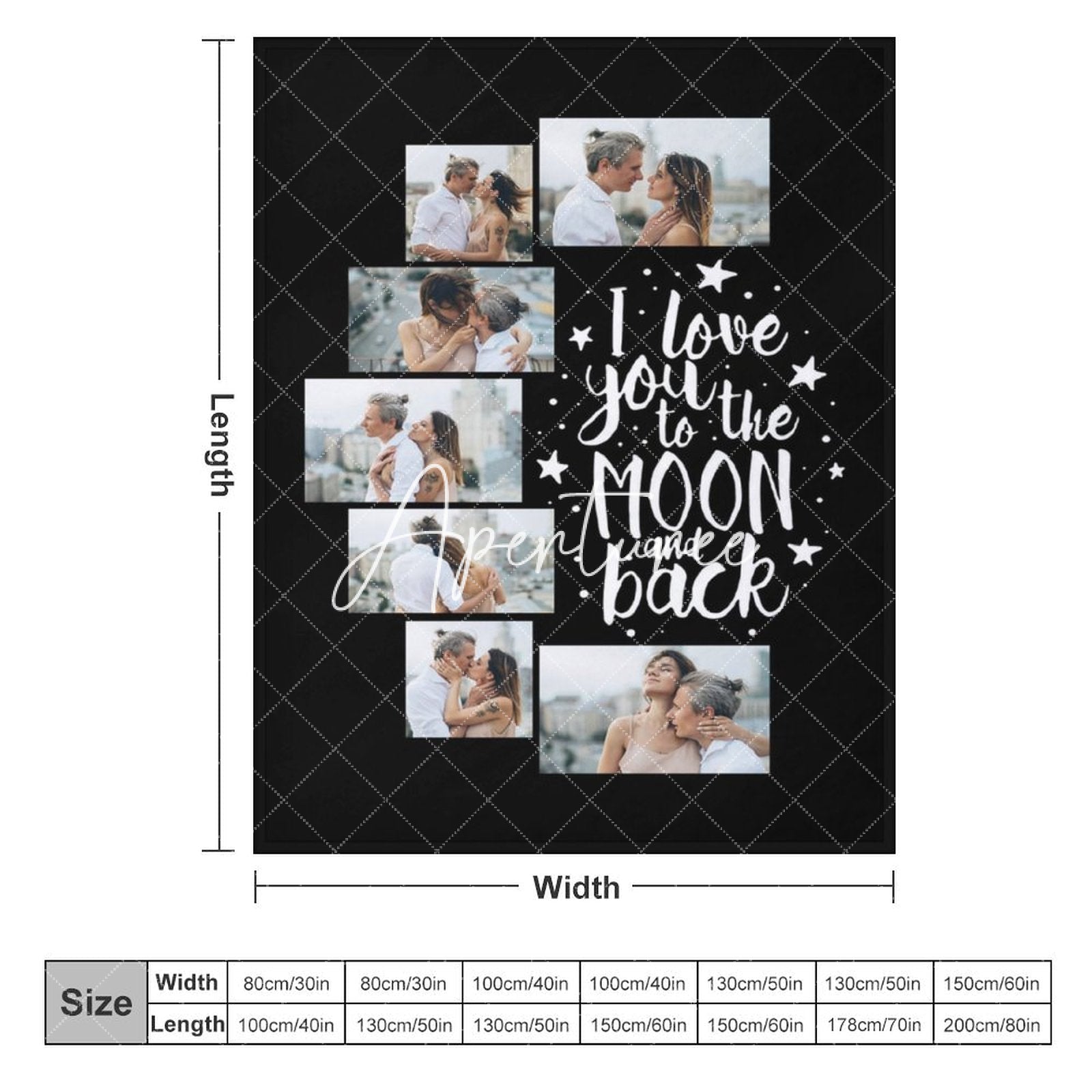 Aperturee - Aperturee Love You To The Moon Back Black Custom Photo Blanket