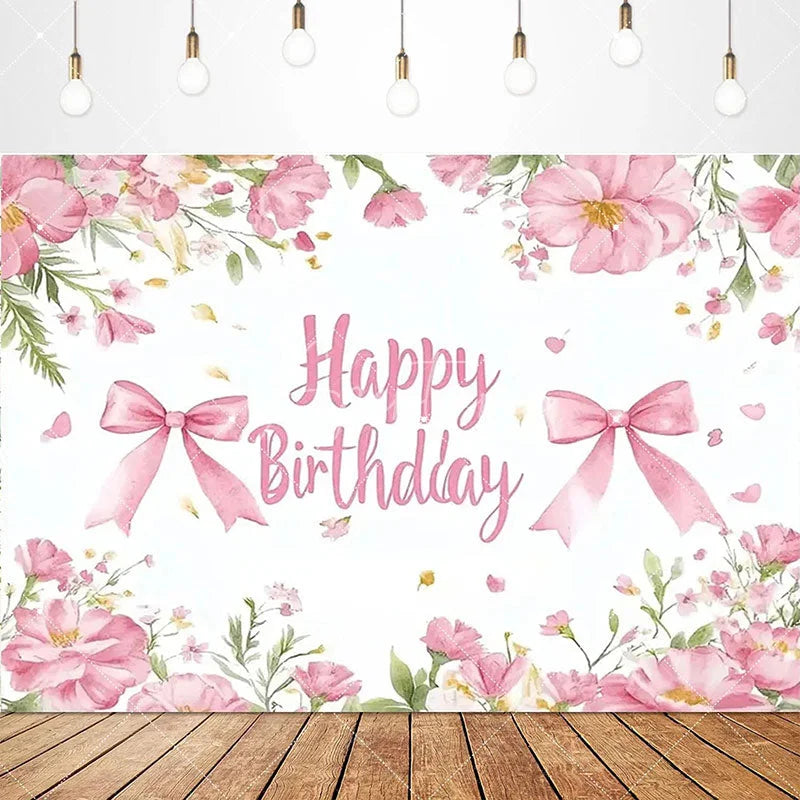 Aperturee - Aperturee Lovely Bows Balloons Happy Birthday Backdrop Charming Pink Decor Perfect for Girls