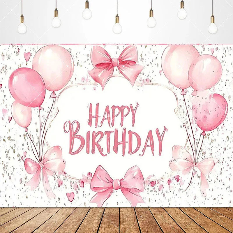 Aperturee - Aperturee Lovely Bows Balloons Happy Birthday Backdrop Charming Pink Decor Perfect for Girls