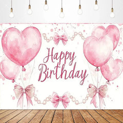 Aperturee - Aperturee Lovely Bows Balloons Happy Birthday Backdrop Charming Pink Decor Perfect for Girls