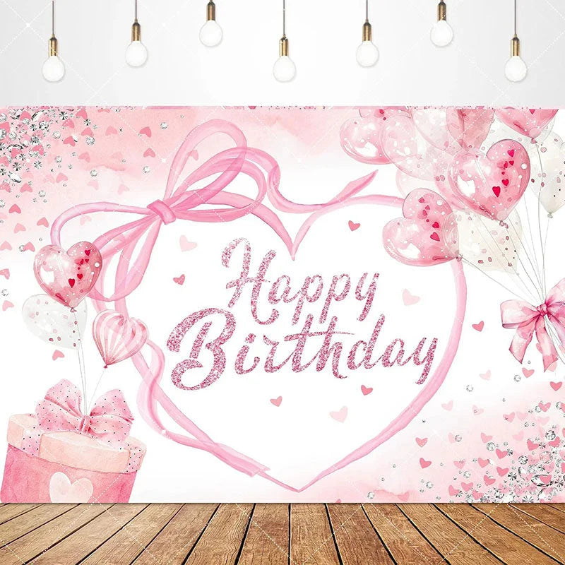 Aperturee - Aperturee Lovely Bows Balloons Happy Birthday Backdrop Charming Pink Decor Perfect for Girls