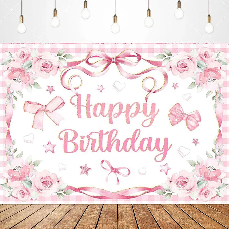 Aperturee - Aperturee Lovely Bows Balloons Happy Birthday Backdrop Charming Pink Decor Perfect for Girls