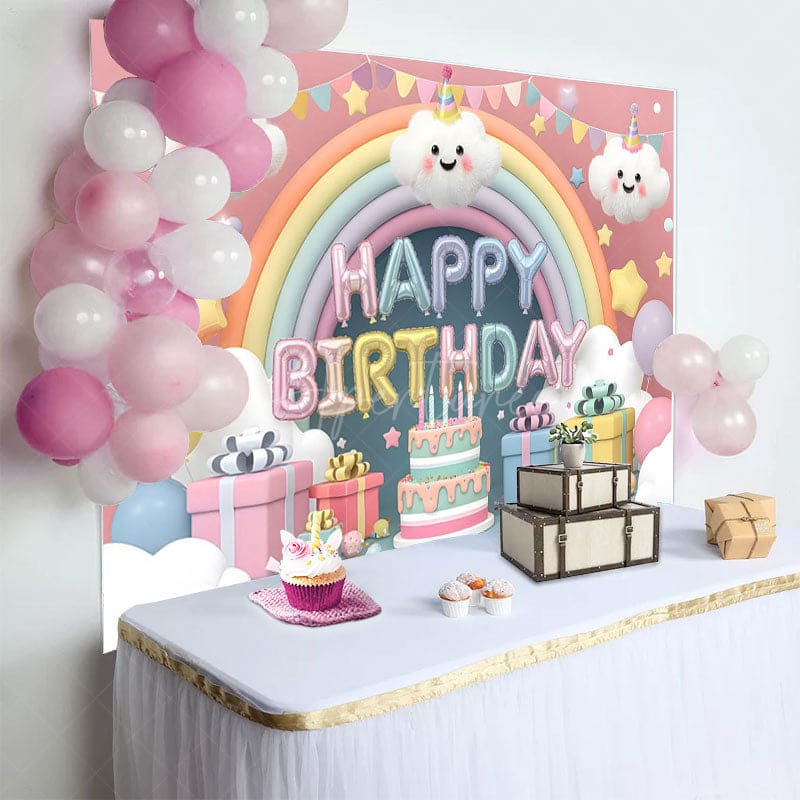 Aperturee - Aperturee Lovely Clouds Rainbow Cake Smash Birthday Backdrop