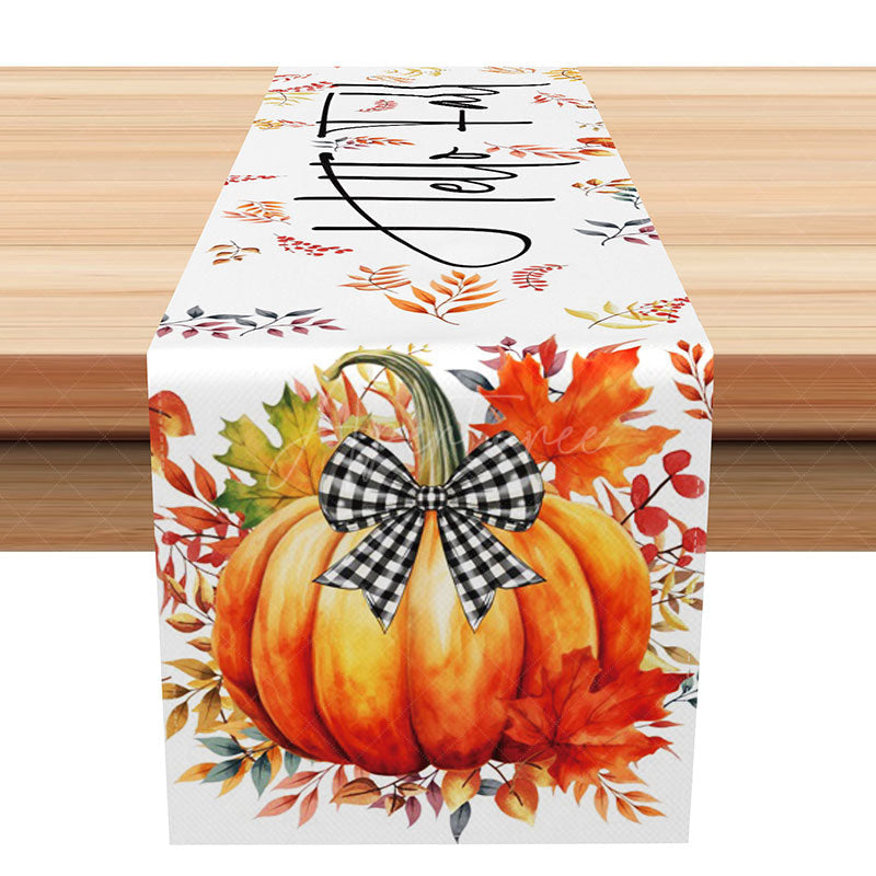 Aperturee - Aperturee Lovely Fall Table Runner with Pumpkin Maple Leaves and Bow for Cute Thanksgiving and Autumn Decor