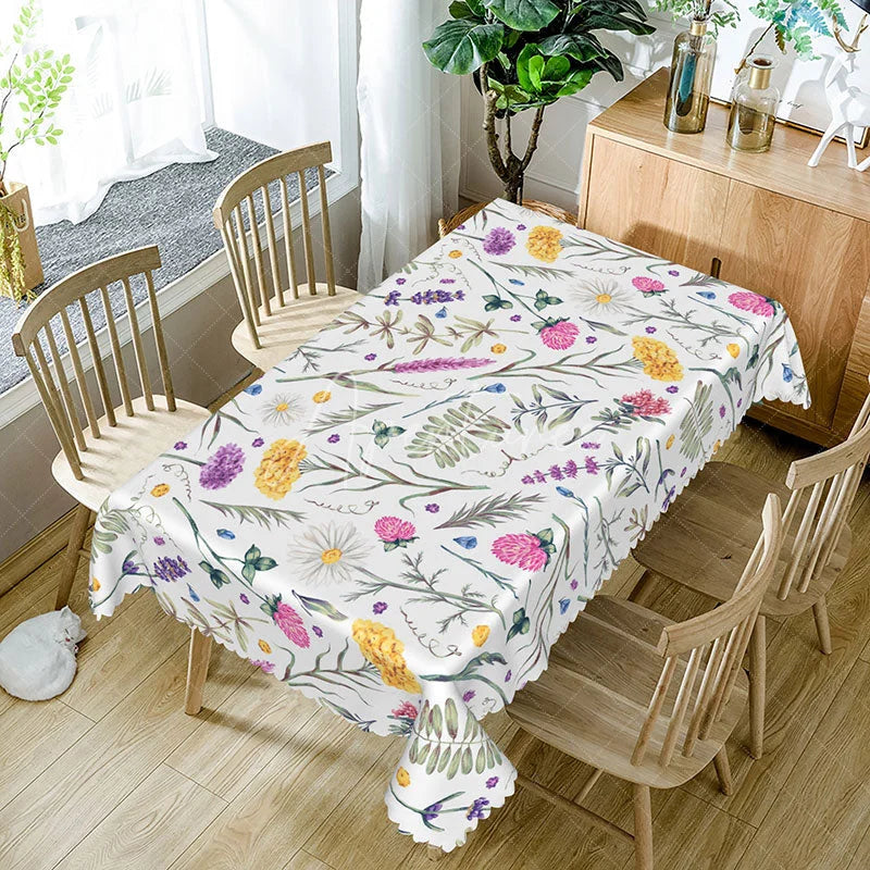 Aperturee - Aperturee Lovely Floral Rectangle Tablecloth with Cute Plant Pattern for Whimsical Garden and Kids Party Decor