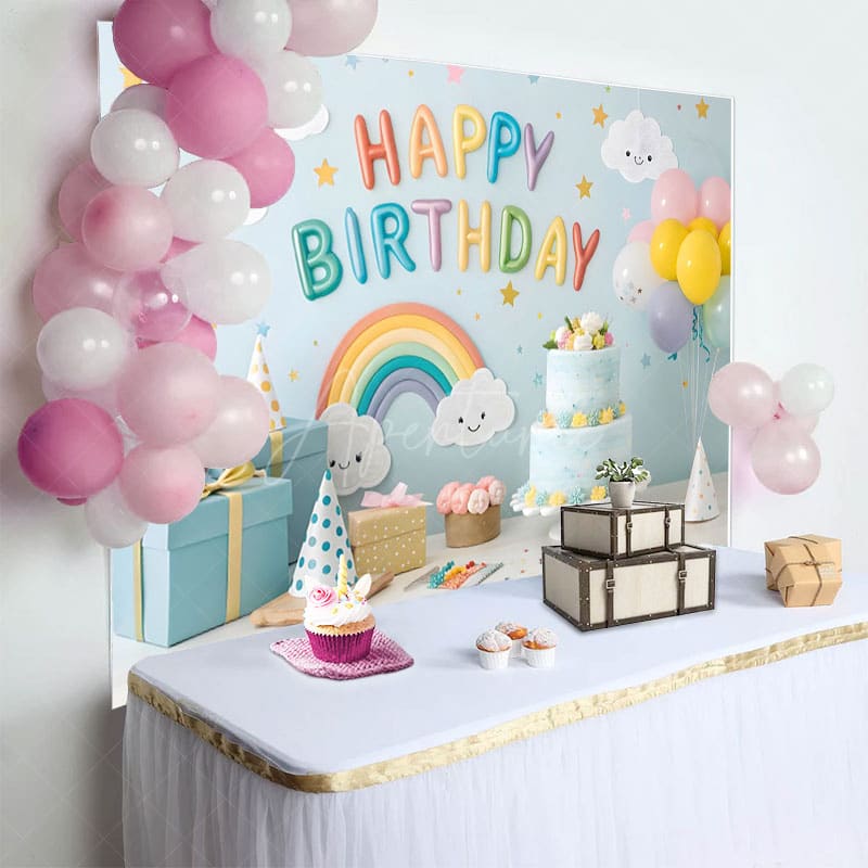Aperturee - Aperturee Lovely Rainbow Balloon Cake Smash Birthday Backdrop