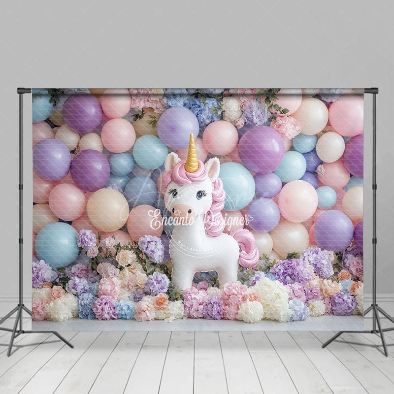 Aperturee - Aperturee Lovely Unicorn Balloons Floral Cake Smash Backdrop