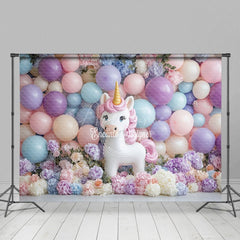 Aperturee - Aperturee Lovely Unicorn Balloons Floral Cake Smash Backdrop