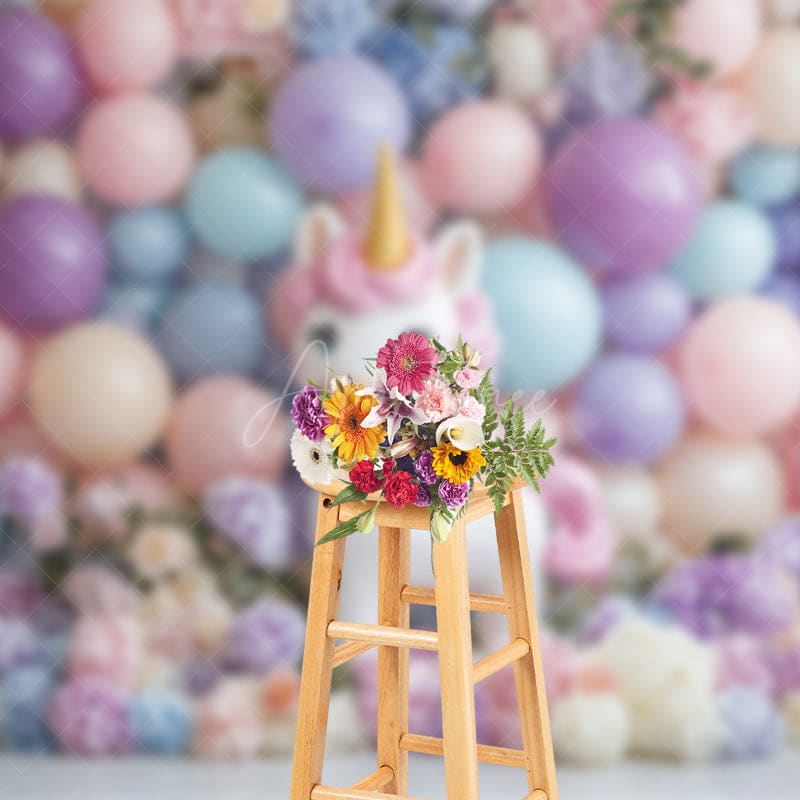 Aperturee - Aperturee Lovely Unicorn Balloons Floral Cake Smash Backdrop