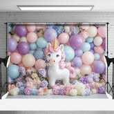 Aperturee - Aperturee Lovely Unicorn Balloons Floral Cake Smash Backdrop