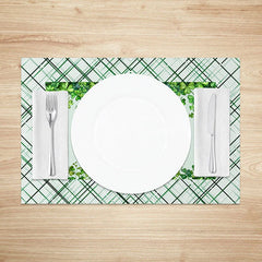 Aperturee - Aperturee Lucky Gnomes Plaid Set of 4 Placemats St. Patricks Day Shamrocks and Green Tartan Dining Table Mats