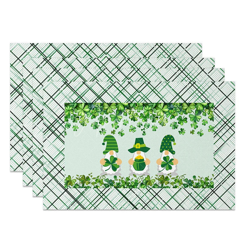 Aperturee - Aperturee Lucky Gnomes Plaid Set of 4 Placemats St. Patricks Day Shamrocks and Green Tartan Dining Table Mats