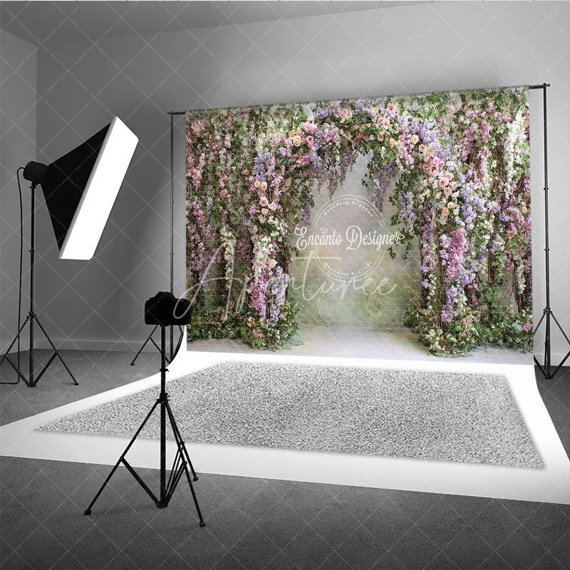 Aperturee - Aperturee Lush Floral Arch Backdrop Spring Garden Wedding Decor Pink Purple Rose Wisteria Photo Booth Prop
