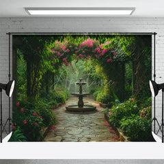 Aperturee - Aperturee Lush Garden Fountain Path Summer Photography Backdrop