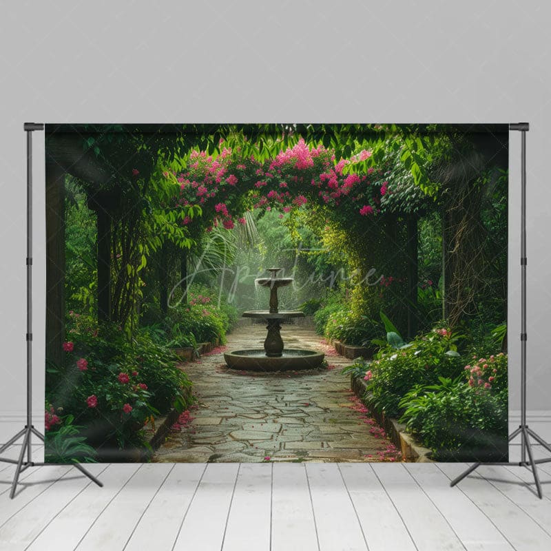 Aperturee - Aperturee Lush Garden Fountain Path Summer Photography Backdrop