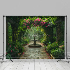 Aperturee - Aperturee Lush Garden Fountain Path Summer Photography Backdrop