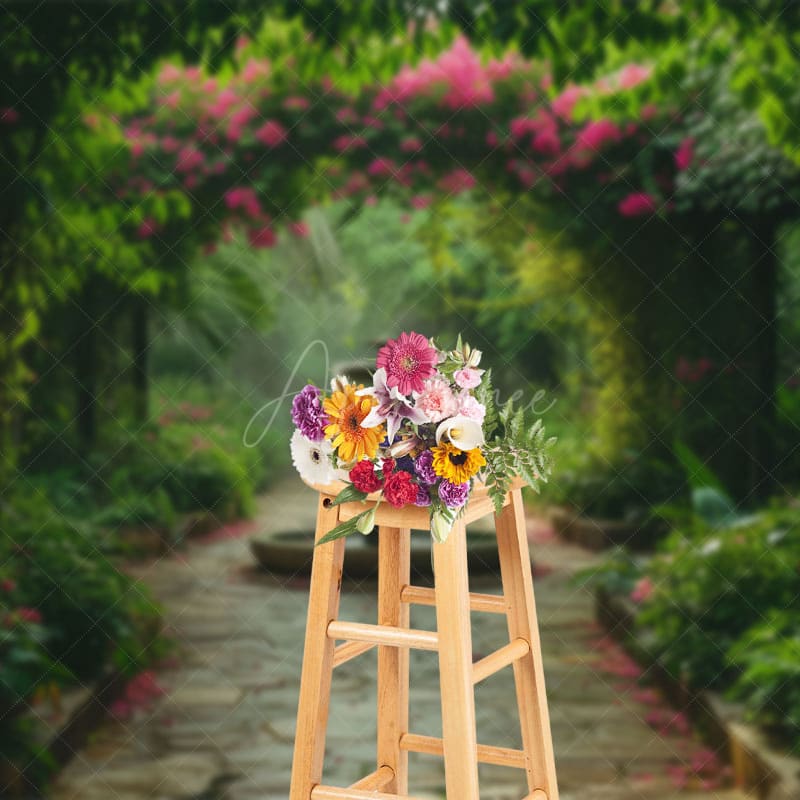 Aperturee - Aperturee Lush Garden Fountain Path Summer Photography Backdrop