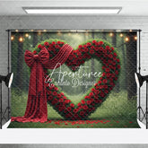 Aperturee - Aperturee Lush Green Foliage and Red Rose Heart Arch Red Bow Photography Backdrop Romantic Forest Celebration with String Lights