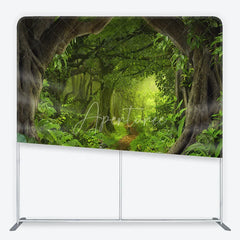 Aperturee - Aperturee Lush Green Jungle Rainforest Square Double-Sided Backdrop Enchanted Forest Path Photography Prop for Kids Party