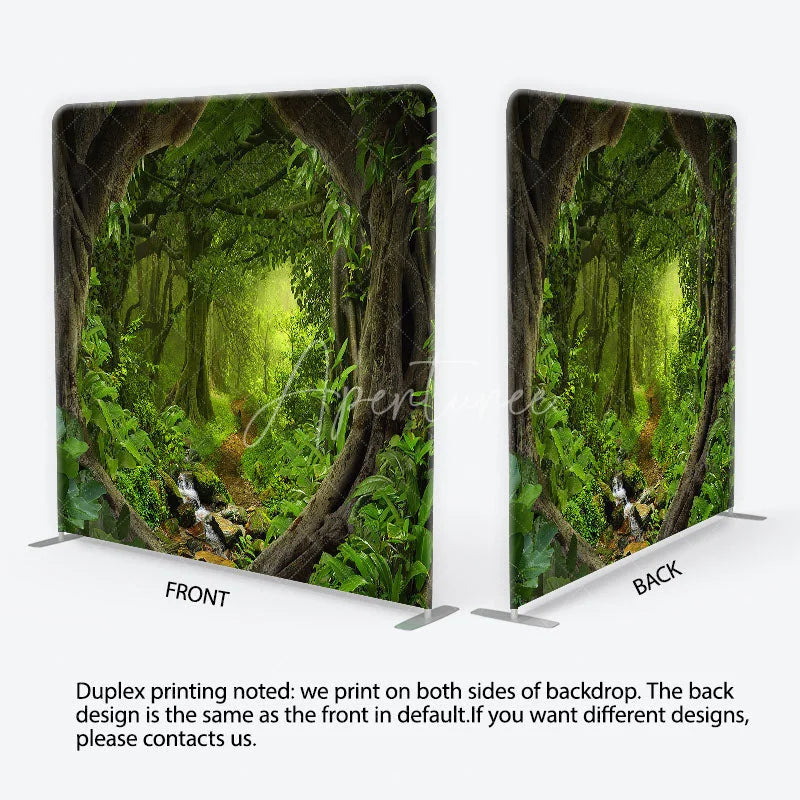 Aperturee - Aperturee Lush Green Jungle Rainforest Square Double-Sided Backdrop Enchanted Forest Path Photography Prop for Kids Party