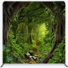 Aperturee - Aperturee Lush Green Jungle Rainforest Square Double-Sided Backdrop Enchanted Forest Path Photography Prop for Kids Party