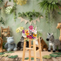 Aperturee - Aperturee Lush Green Jungle Safari Animal Photography Backdrop featuring Lion Tiger Zebra Giraffe Baby Shower Birthday Party.