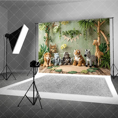 Aperturee - Aperturee Lush Green Jungle Safari Animal Photography Backdrop featuring Lion Tiger Zebra Giraffe Baby Shower Birthday Party.