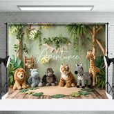 Aperturee - Aperturee Lush Green Jungle Safari Animal Photography Backdrop featuring Lion Tiger Zebra Giraffe Baby Shower Birthday Party.