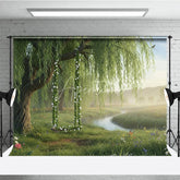 Aperturee - Aperturee Lush Green Willow Tree Photography Backdrop with Floral Swing Serene River and Spring Meadow Scene